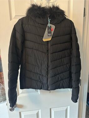 GAP Black Quilted Puffer Jacket with Faux Fur Trim Hood